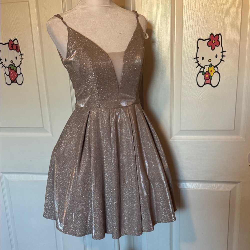 B Darlin Glittery Asymmetrical Dress in Silver